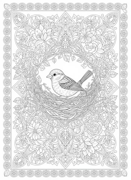 Spatz im Nest, Bibel Spatz Ausmalbild für Erwachsene im Stil des Bibeljournaling