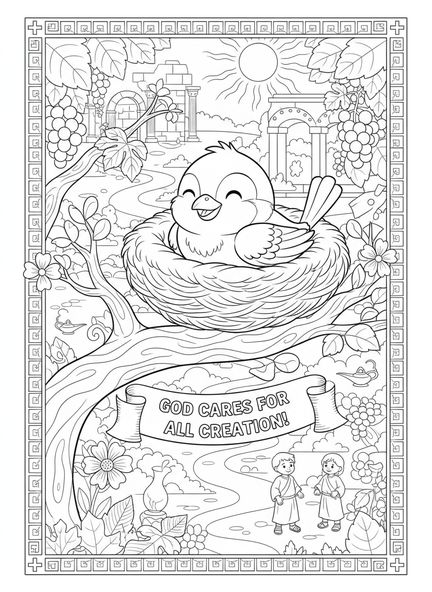Gorrion de caricatura en una rama de árbol, página para colorear de la Biblia sobre el Gorrion para niños de Escuela Dominical de 5 a 12 años.