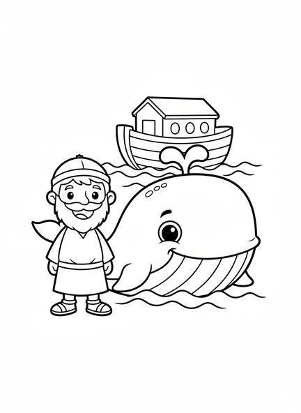 Lächelnder Noah und Cartoon-Wal, Ausmalbild Wal für Vorschulkinder im Alter von 3-5 Jahren.