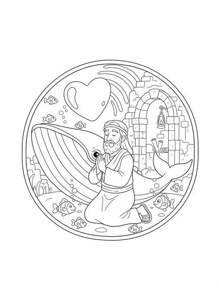 Jona im Bauch des Wals, Ausmalbild für die Sonntagsschule für Kinder im Alter von 5-12 Jahren.