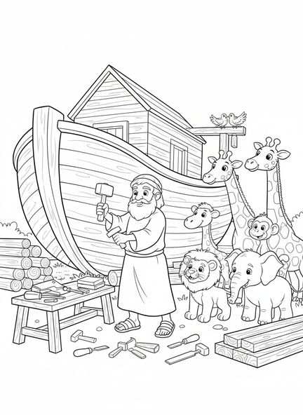 Noé construyendo el arca, página para colorear de la Biblia para niños de 5 a 10 años.
