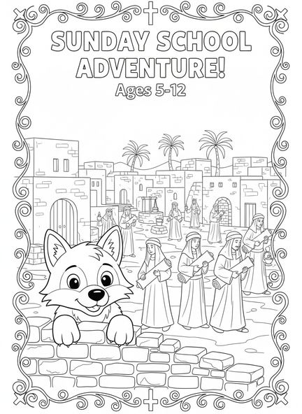 Lobo curioso, página para colorear de la Biblia del Lobo para niños de la Escuela Dominical de 5 a 12 años