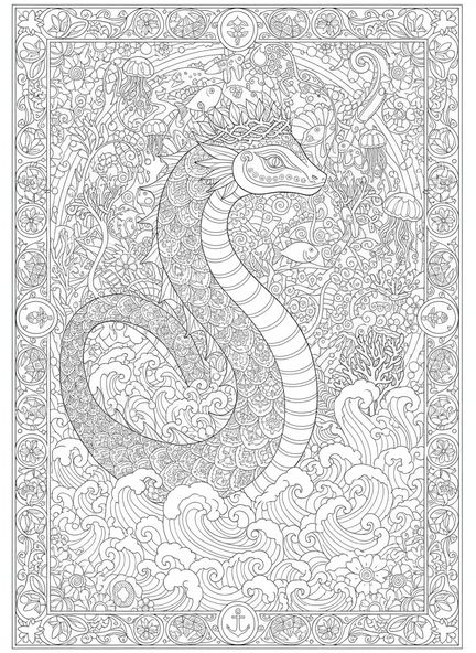 Leviathan, der aus den Wassern auftaucht, Leviathan Ausmalbild für Erwachsene im Stil des Bibeljournaling.