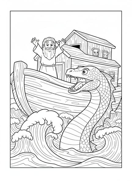 Noah auf der Arche mit Leviathan, Leviathan Malvorlage für Kinder im Alter von 5-10 Jahren