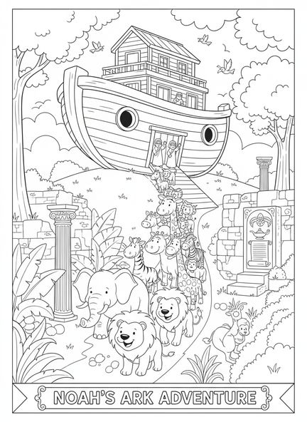 Ein Paar Cartoon-Tiere, die sich der Arche nähern, Leviathan Malvorlage für die Sonntagsschule für Kinder im Alter von 5-12 Jahren