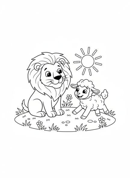 Sanfter Löwe und verspieltes Lamm, Ausmalbild Löwe und Lamm für Kinder im Alter von 5-10 Jahren.