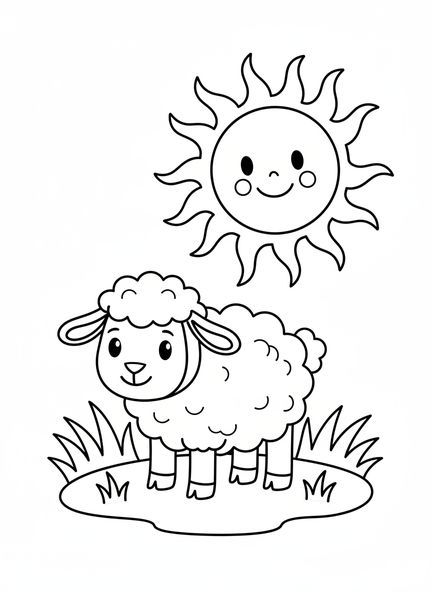 Fröhliches Cartoon-Lamm im Gras, Löwe und Lamm Ausmalbild für Vorschulkinder im Alter von 3-5 Jahren