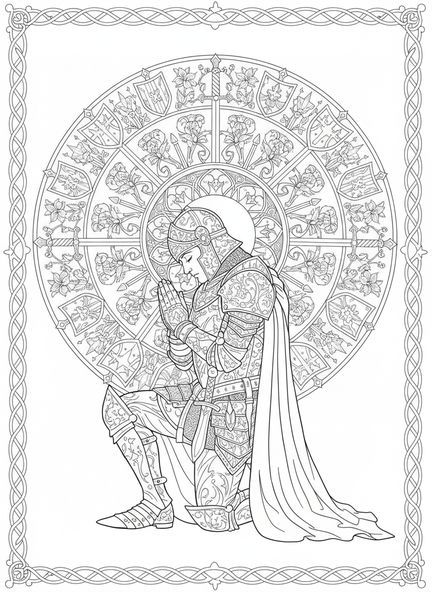 Guerreiro em oração, página para colorir Guerreiro da Armadura de Deus para adultos no estilo de journaling bíblico.