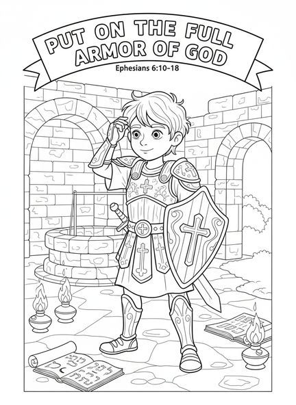 Jeune guerrier, page à colorier sur l'Armure de Dieu pour les enfants de l'École du dimanche âgés de 5 à 12 ans