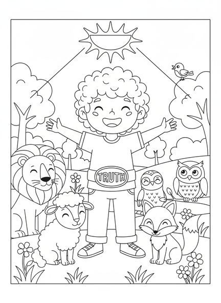 Kind mit dem Gürtel der Wahrheit, Ausmalbild Gürtel der Wahrheit für Kinder im Alter von 5-10 Jahren