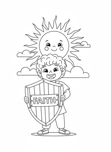 Enfant joyeux tenant un bouclier, page à colorier Bouclier de la Foi pour les enfants de 5 à 10 ans