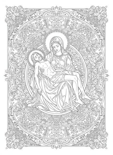 María sosteniendo a Jesús, página para colorear de la Pietà en estilo de journaling bíblico para adultos