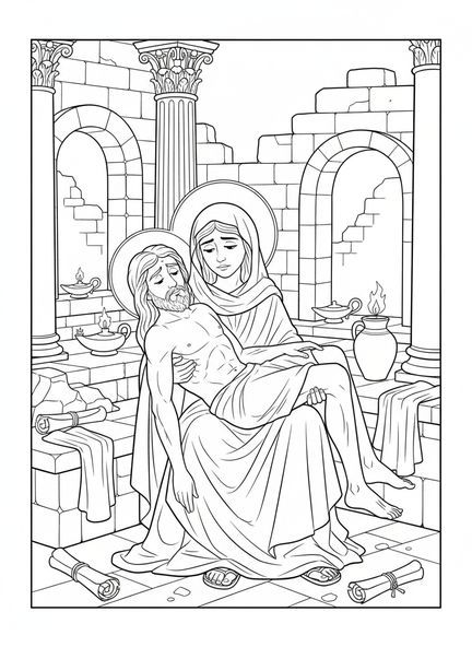 Marie tenant Jésus, page à colorier de la Pietà pour les enfants de l'École du dimanche âgés de 5 à 12 ans.