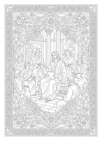 Jésus enseignant, page à colorier en vitrail de Jésus pour le journal biblique style adulte