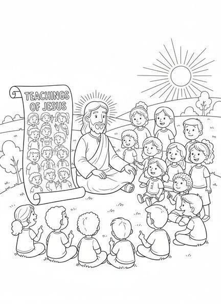 Jésus enseignant une foule, page à colorier des Béatitudes Heureux les pauvres en esprit pour les enfants de 5 à 10 ans.