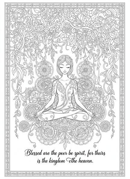 Spokojna postać w medytacji, kolorowanka z Błogosławieństwami dla dorosłych w stylu dziennika biblijnego.