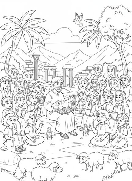 Multitud diversa escuchando, Mateo 5:10 página para colorear sobre los perseguidos para niños de Escuela Dominical de 5 a 12 años.