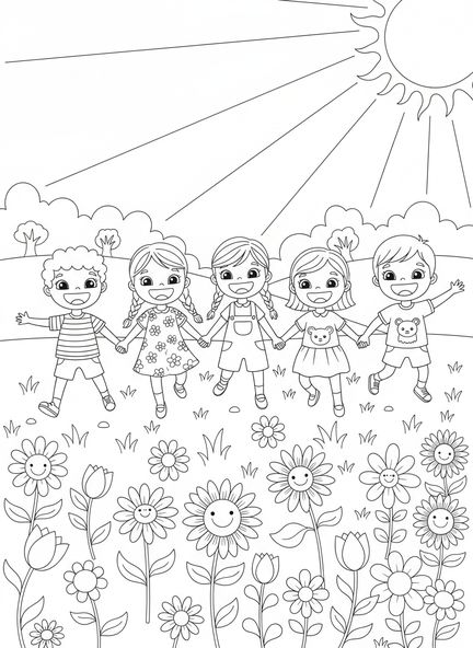 Groupe d'enfants heureux, Matthieu 5:3 Bienheureux les pauvres en esprit page à colorier pour les enfants de 5 à 10 ans.
