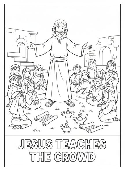 Jezus naucza tłum, Mateusz 5:3 Błogosławieni ubodzy duchem kolorowanka dla dzieci na katechezie w wieku 5-12 lat.