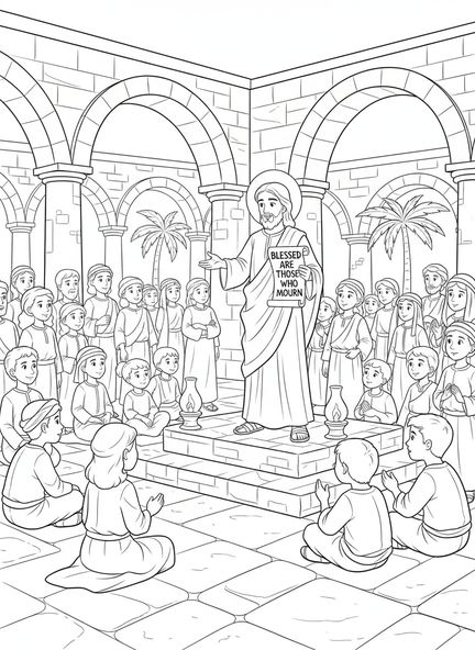 Jésus enseignant la foule, Matthieu 5:4 Page à colorier sur le deuil pour les enfants de l'École du dimanche âgés de 5 à 12 ans.