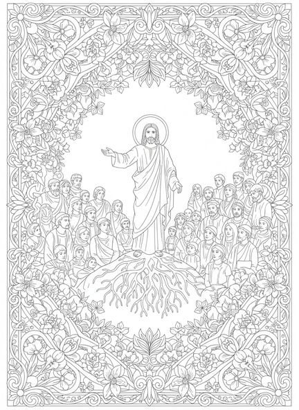 Jezus nauczający tłum, Mateusz 5:5 Kolorowanka dla dorosłych w stylu journalingu biblijnego.