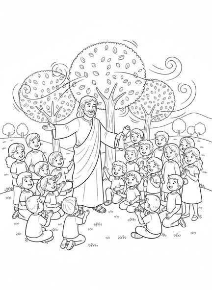Jesus lehrt eine Menge, Matthäus 5,6 Farbseite über Gerechtigkeit für Kinder im Alter von 5-10 Jahren