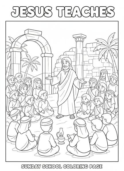 Jésus enseignant la foule, Matthieu 5:6 Page à colorier sur la justice pour les enfants de l'École du dimanche âgés de 5 à 12 ans