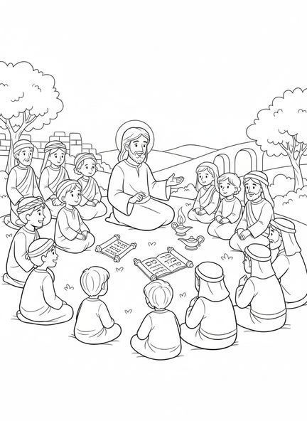 Jezus naucza tłum, Mateusz 5:7 Strona do kolorowania dla dzieci w katechezie w wieku 5-12 lat.