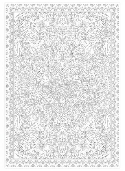 Corazón ornamentado rodeado de patrones, Mateo 5:8 Página para colorear Corazón Puro estilo de journaling bíblico para adultos.