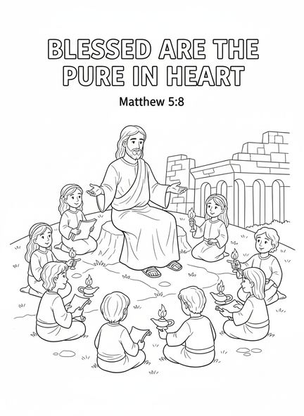 Jesús enseñando a una multitud, Mateo 5:8 página para colorear de Corazón Puro para niños de Escuela Dominical de 5 a 12 años.