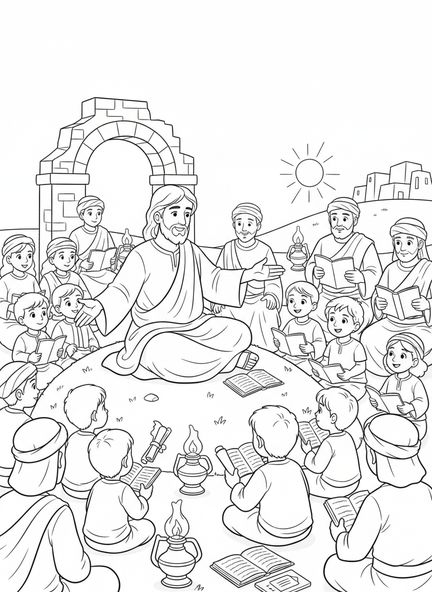 Jesus lehrt eine Menschenmenge, Matthäus 5,9 Friedensstifter Malvorlage für die Sonntagsschule für Kinder im Alter von 5-12 Jahren.