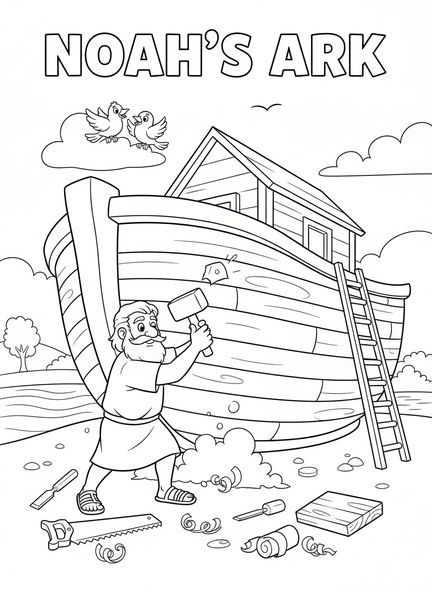 Noé en train de clouer des planches, page à colorier de l'alphabet biblique pour les enfants de 5 à 10 ans.