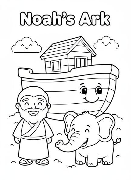 Noé souriant et l'arche, page de coloriage de l'alphabet biblique pour les enfants d'âge préscolaire de 3 à 5 ans.