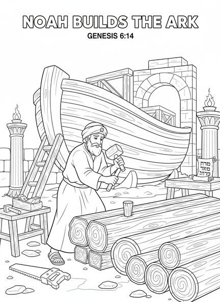 Noé travaillant sur l'arche, page à colorier de l'alphabet biblique pour les enfants de l'École du dimanche âgés de 5 à 12 ans.