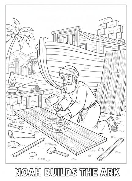 Noé construisant l'arche, page à colorier des livres de la Bible Nouveau Testament pour les enfants de l'École du dimanche âgés de 5 à 12 ans