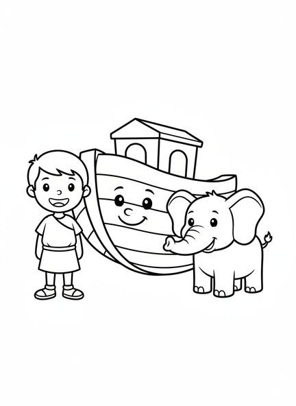 Noé souriant et l'arche, page à colorier Biblique pour les enfants d'âge préscolaire de 3 à 5 ans