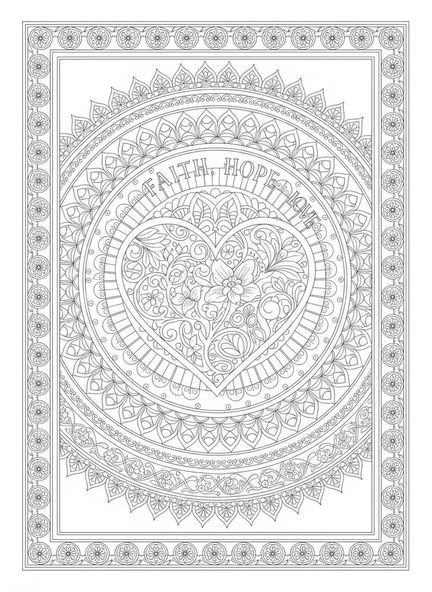 Símbolo de corazón rodeado de patrones florales, página para colorear de 1 Corintios 13:13 Fe, Esperanza, Amor estilo de journaling bíblico para adultos.