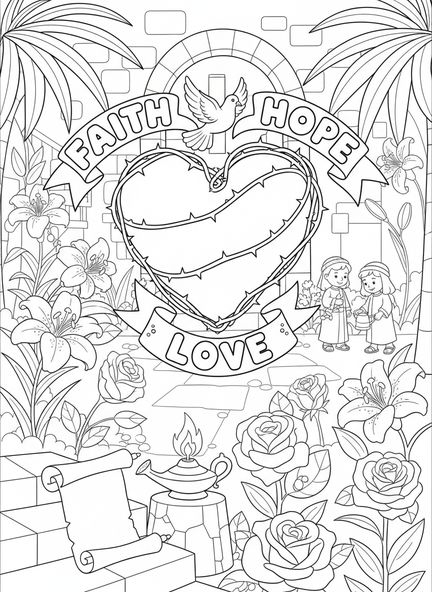 Cœur entouré des mots, 1 Corinthiens 13:13 Foi Espérance Amour page à colorier pour les enfants de l'École du dimanche âgés de 5 à 12 ans