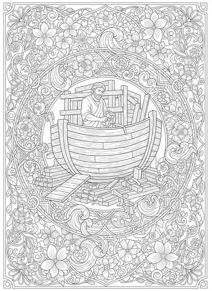 Noé construisant l'arche, 1 Corinthiens 13:4 page à colorier pour adultes dans un style de journal biblique