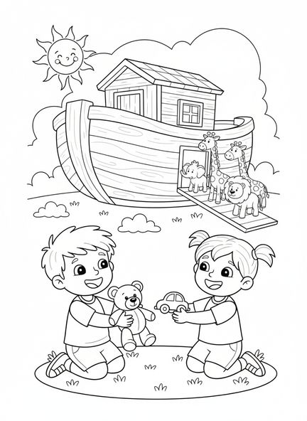 Enfant partageant des jouets, 1 Corinthiens 13:4 page à colorier pour les enfants de 5 à 10 ans