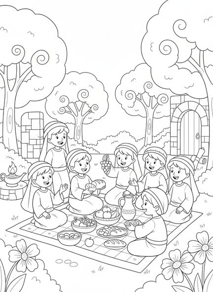 Gruppe von Kindern, die Essen teilen, Ausmalbild zu 1 Korinther 13,4 für Sonntagsschulkinder im Alter von 5-12 Jahren