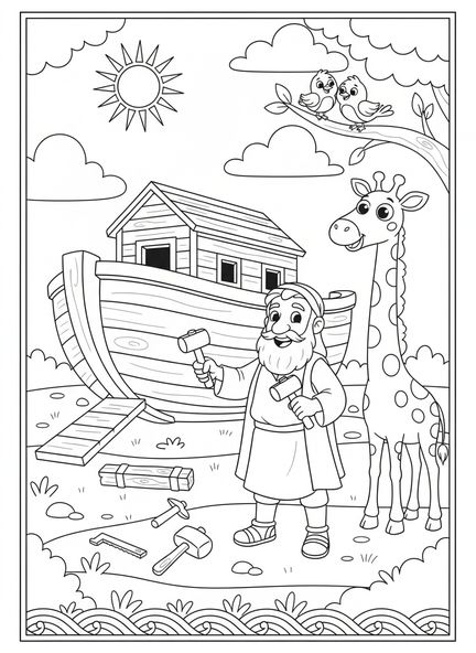 Noé con animales, 1 Corintios 13:8 La Caridad Nunca Falla página para colorear para niños de 5 a 10 años.