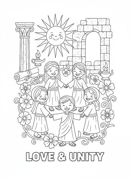 Enfants se tenant par la main, page à colorier 1 Corinthiens 13 pour les enfants de l'École du dimanche âgés de 5 à 12 ans.