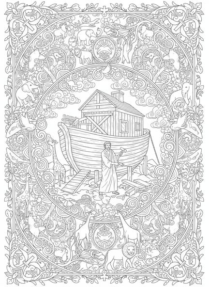 Noé construisant l'arche, page à colorier 1 Corinthiens 16:14 pour le journaling biblique style adulte.