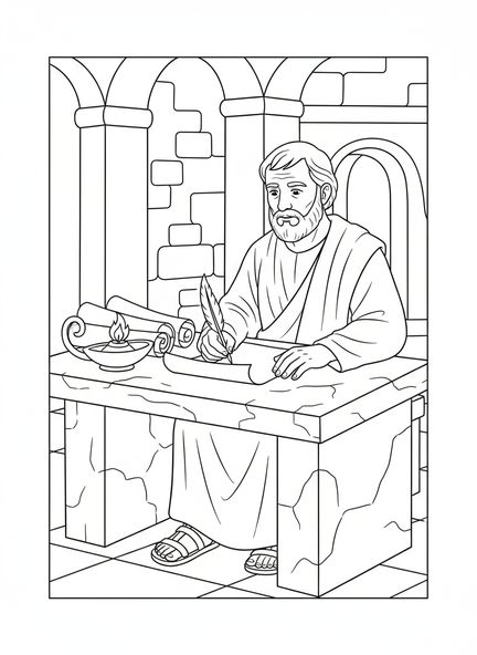 Paul écrivant une lettre, page à colorier 1 Corinthiens 16:14 pour les enfants de l'École du dimanche âgés de 5 à 12 ans.