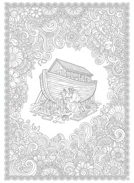 Noé construyendo el arca, 1 Juan 1:9 página para colorear estilo journaling bíblico para adultos
