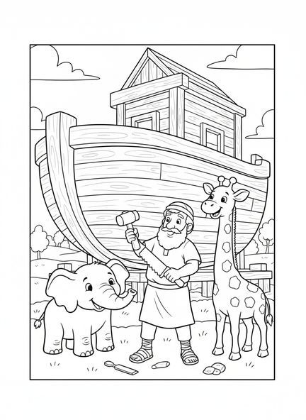 Noé construyendo el arca, página para colorear de 1 Juan 4:19 para niños de 5 a 10 años.