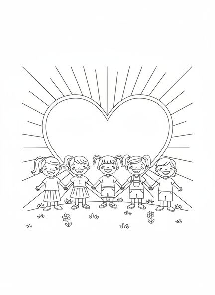 Grupo de crianças alegres, página para colorir 1 João 4:7 para crianças de 5 a 10 anos