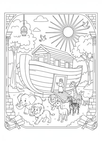 Elefanten und Löwen nähern sich der Arche, 1 Johannes 4,7 Malvorlage für Sonntagsschulkinder im Alter von 5-12 Jahren.