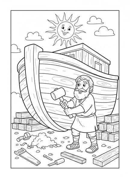 Noé trabalhando na arca, página de colorir 1 Tessalonicenses 5:16 para crianças de 5 a 10 anos